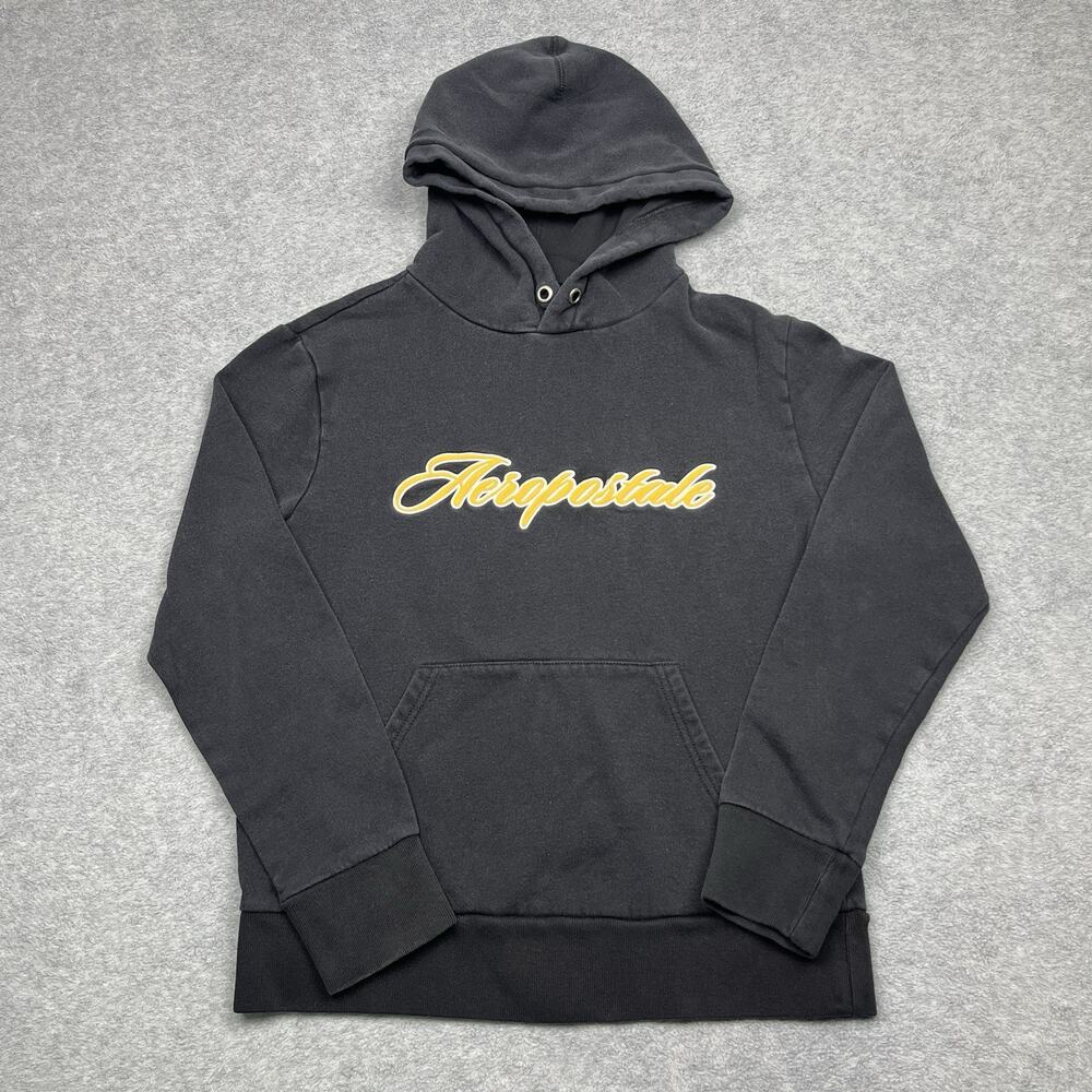 Aeropostale Hoodie Sweatshirt Mens‎ Small Black Yellow Spellout Faded Y2K